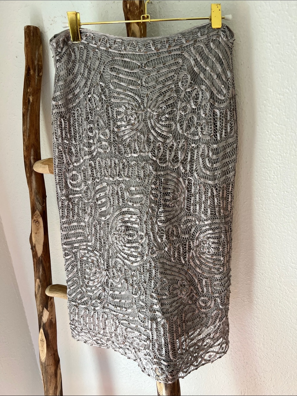 Carole Little Vintage Silver Grey Lace Beaded Soutache Pencil Skirt Medium 8